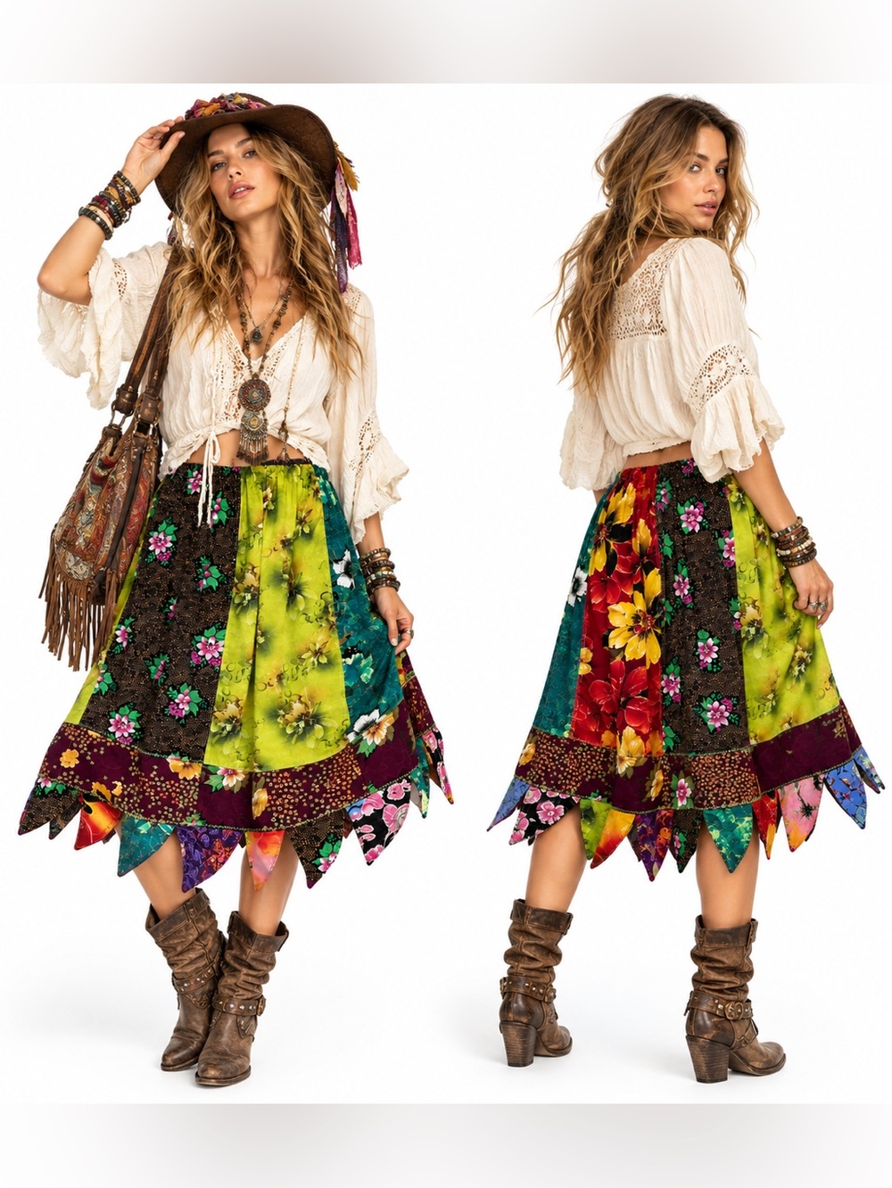 Handmade Patchwork Pirate Asymmetrical Hem Skirt Enchanted Gypsy Boho Fairy